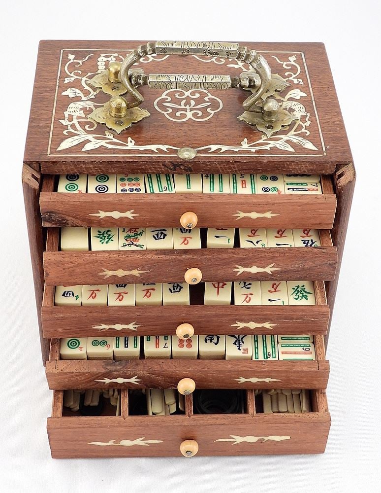 Petite Rosewood Bone & Bamboo Mah Jong Set, 5 1/2 x 6 1/2 x 5". (1 of 9)