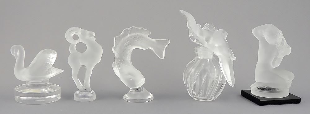 Five Lalique Ornaments & Perfume Bottle, 4 signed, 2 3/8 - 4"h. (1 of 5)