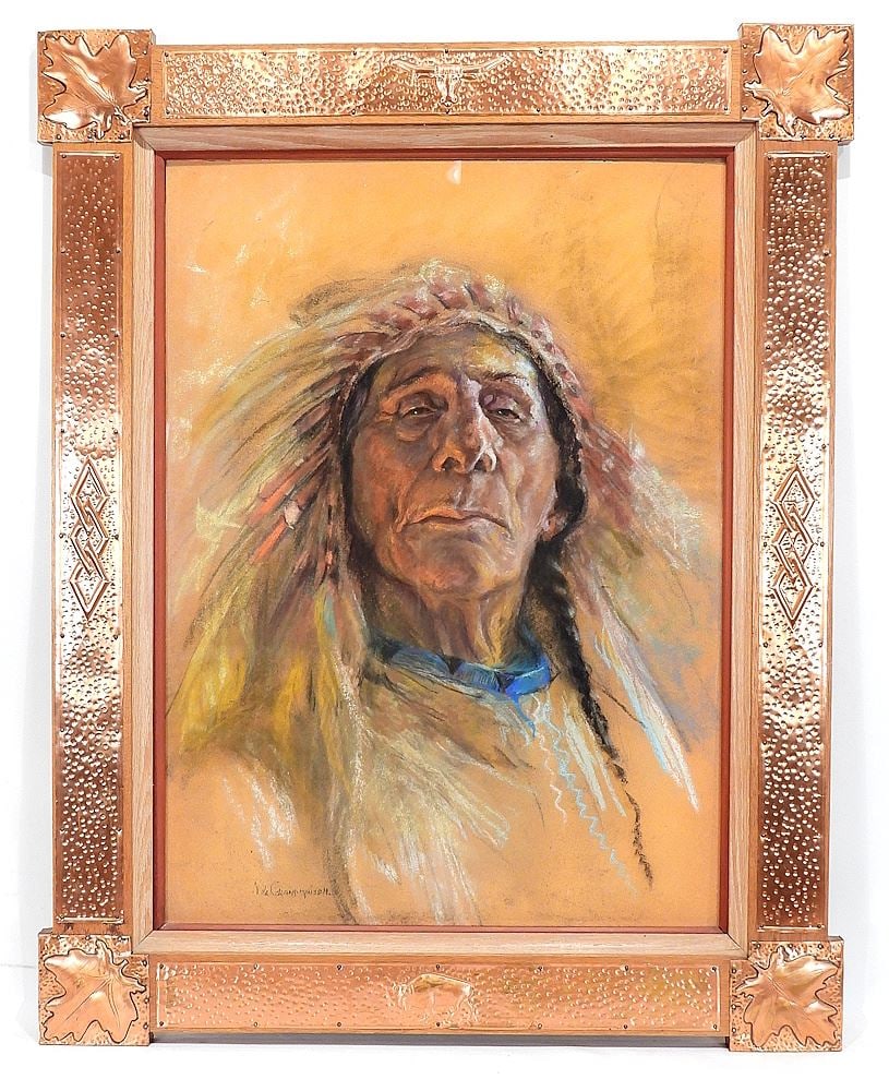 Pastel on Paper signed N. (Nicholas) de Grandmaison, 27 1/2 x 20" "Marin Feather Headdress".: Pastel on Paper signed N. (Nicholas) de Grandmaison, 27 1/2 x 20" "Marin Feather Headdress".