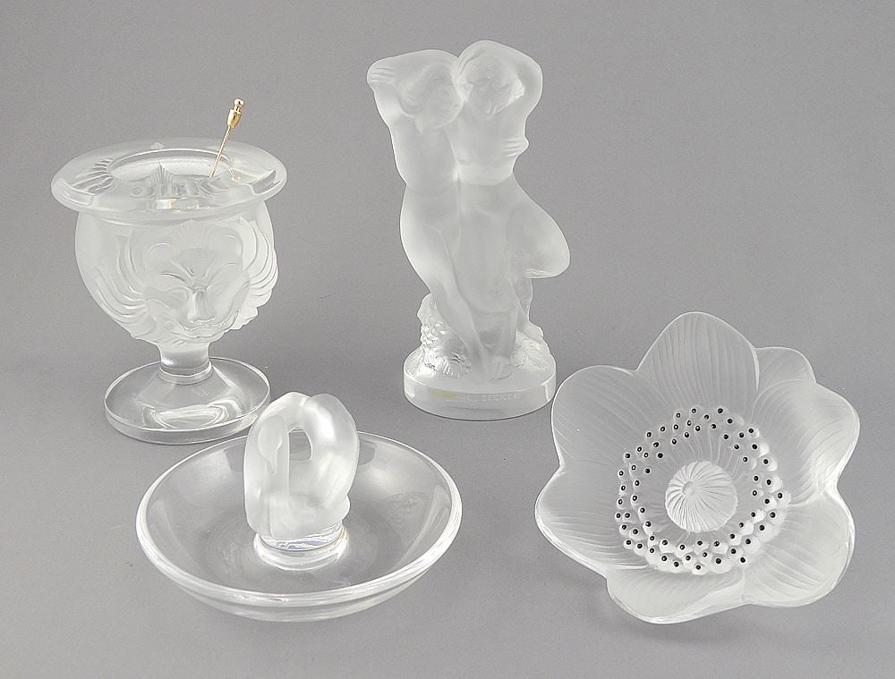 Five Lalique Items: Flower/Ring Dish /Vase/Figures, Stick signed, 2 1/8 - 5 1/2"h. (1 of 7)