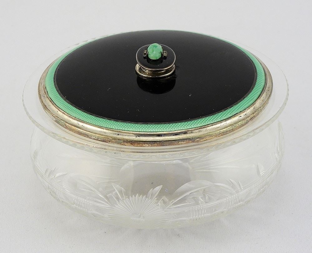 Asprey & Co. Enameled Silver (105.4g ) & Crystal Dresser Jar w/Jade Finial, 4 5/8" Diameter.: Asprey & Co. Enameled Silver (105.4g ) & Crystal Dresser Jar w/Jade Finial, 4 5/8" Diameter.