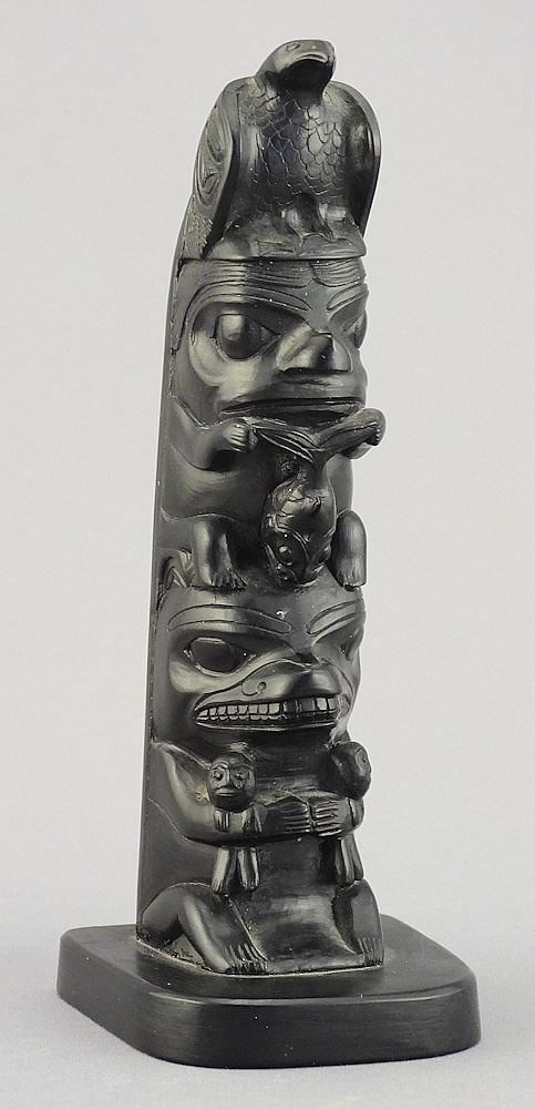 Argillite Model Totem Pole signed Rufus Moody Skidegate Mission, QCI, BC, 5 3/4"h. (1 of 9)