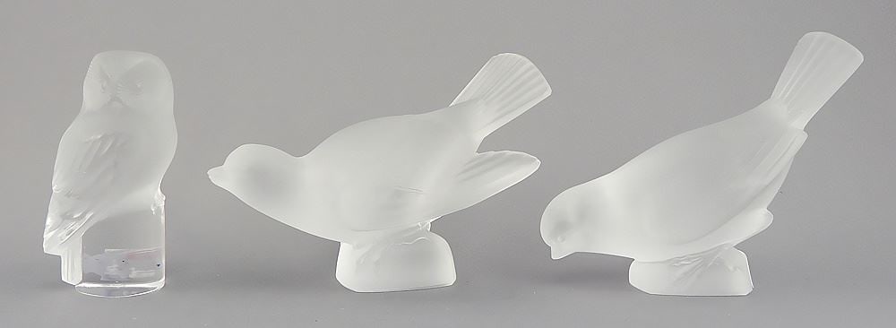 Three Lalique Birds: 2 Sparrows & Owl, signed, 3 3/8 - 3 7/8"L. (1 of 3)