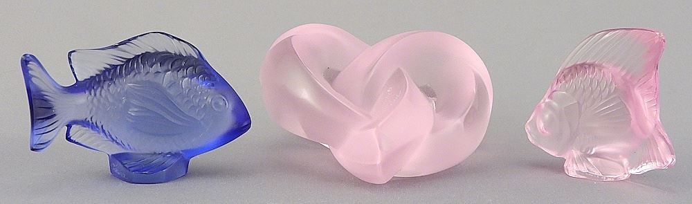 Three Lalique Ornaments: 2 Fish/ Knotted Heart, signed, 1 5/8 - 1 7/8 "h. (1 of 4)
