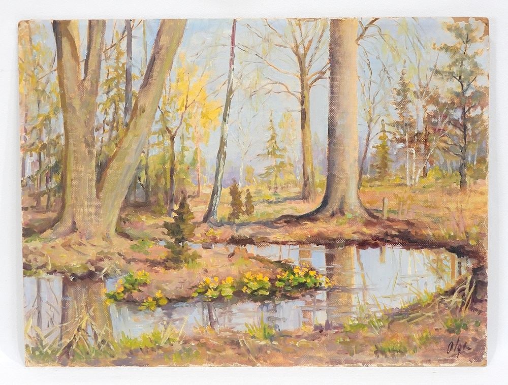 Oil on Board signed Olga (Alexandrova), 12 x 16" "Flowers At Edge of Creek" (unframed). (1 of 8)