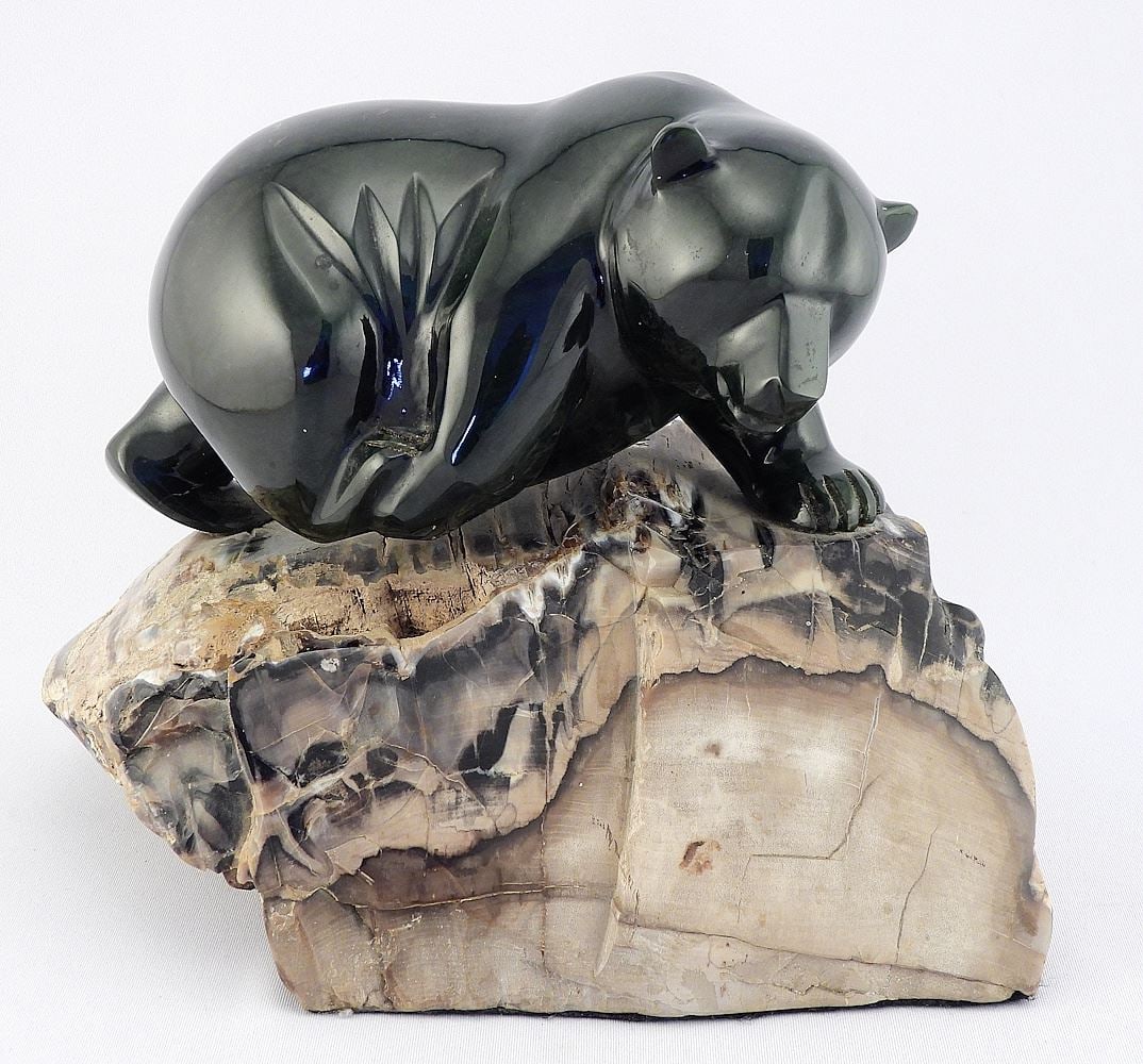 Carved Jade Bear on Fossilized Base signed (Lyle) Sopel C912. (1 of 5)