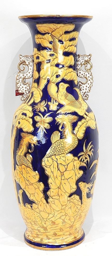 19th C. Chinese Molded Porcelain "Birds in Rockery" Vase (28"h) with Letter & Packing Box. (1 of 10)