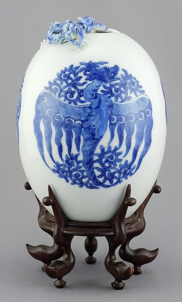 Chinese Blue & White Porcelain "Dragon & Bat" Vase with Yongzheng Mark, 7"h (incl. stand). (1 of 7)