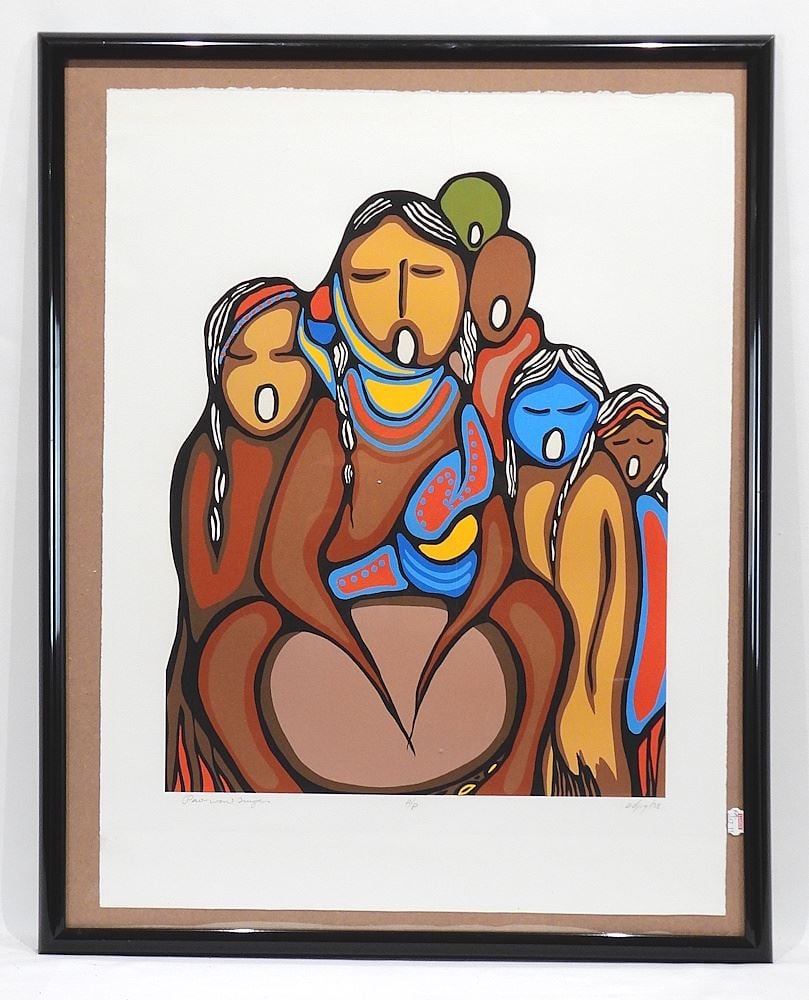 Serigraph signed (Daphne) Odjig, 25 3/4 x 19 5/8", "Pow-Wow Singers".: Serigraph signed (Daphne) Odjig, 25 3/4 x 19 5/8", "Pow-Wow Singers".