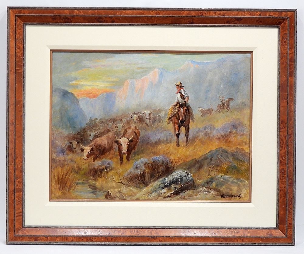 Oil on Board signed N. (Nora) Drummond, 18 x 24", "Cattle Round Up By Cowboy". (1 of 5)