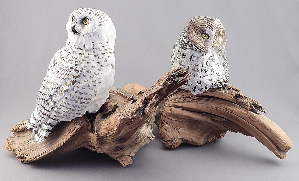 Two Edith Landsdowne Pottery Owls on Branches, 13" (one eye chipped). (1 of 7)