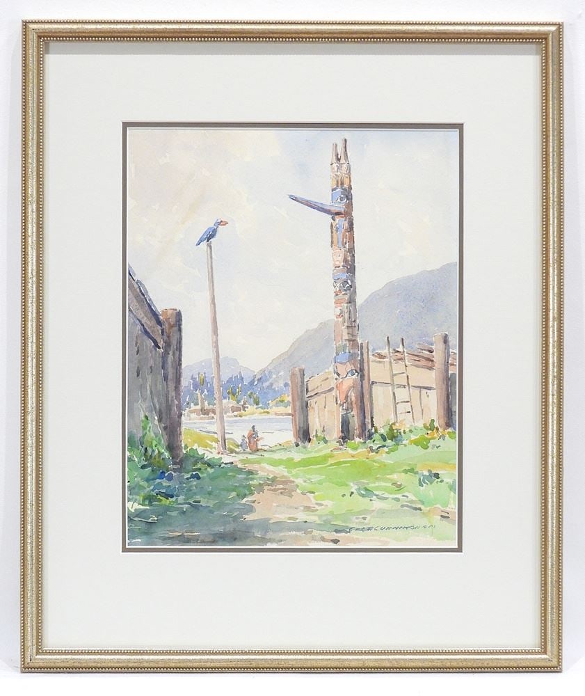 Watercolour signed C. (Cecil) de T. Cunningham, 11 1/2 x 9", "Coastal Village w/Totem Poles". (1 of 4)