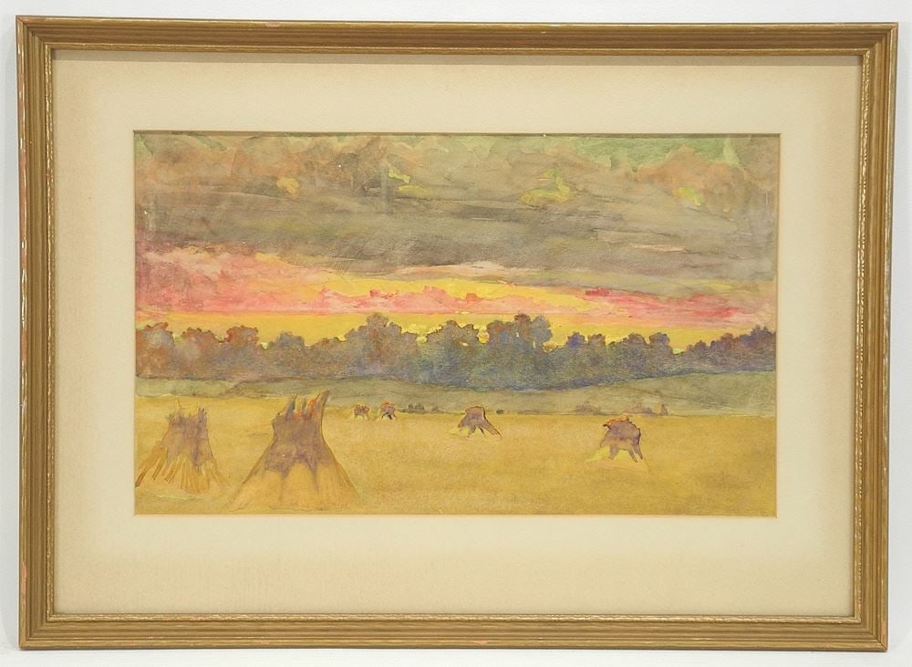 Watercolour signed Softly J.H. (Joseph H) Sharp, 9 1/4 x 15 1/2", "Wheat Field at Sunset". (1 of 14)