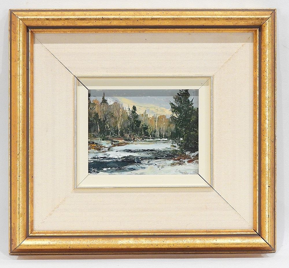 Oil on Masonite Monogrammed WG (Wilfred Frank Griffiths), 4 x 5", "River in Haliburton".: Oil on Masonite Monogrammed WG (Wilfred Frank Griffiths), 4 x 5", "River in Haliburton".