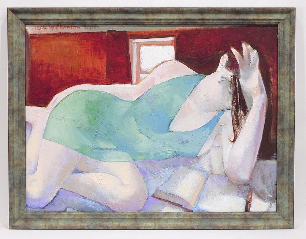 Oil on Canvas signed Jack Wilkinson 2001, 17 1/4 x 23 1/4", "Woman in a Green Dress".: Oil on Canvas signed Jack Wilkinson 2001, 17 1/4 x 23 1/4", "Woman in a Green Dress".