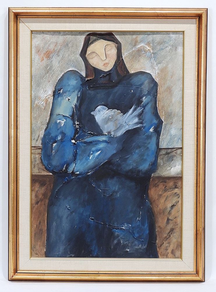 Oil on Canvas signed Hedvah Shemesh, 24 x 16" "Woman With Dove". (1 of 5)