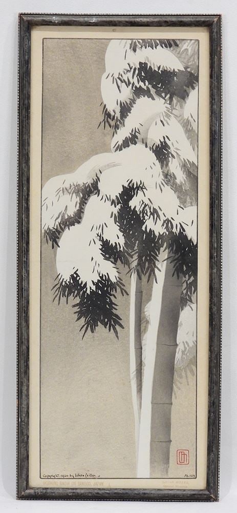 Woodcut Print signed Liliam Miller 1920, 17 1/4 x 6 5/8", "Morning Show On Bamboo". (1 of 4)