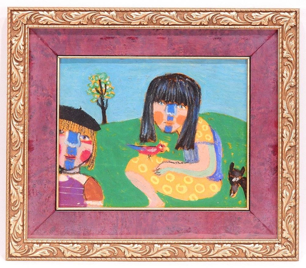 Mixed Media on Paper signed (Zbigniew) Kupczynski, 7 3/4 x 9 3/4 ", "Children w/ Bird". (1 of 4)