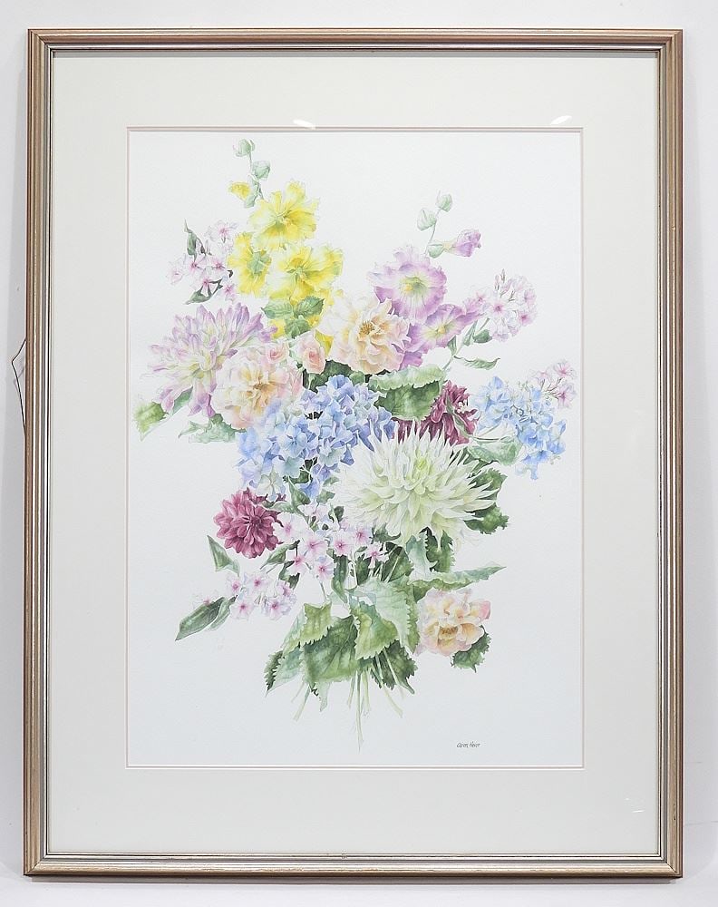 Watercolour signed Caren Heine, 28 x 20", "Late Summer Flowers" #9340. (1 of 6)