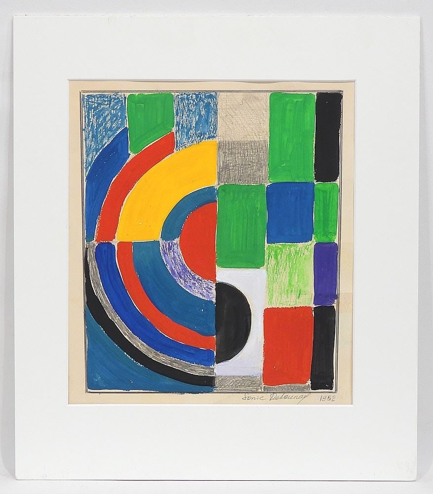 Mixed Media on Paper signed Sonia Delaunay 1952, 11 3/4 x 10 1/4", "Colored Rhythm".: Mixed Media on Paper signed Sonia Delaunay 1952, 11 3/4 x 10 1/4", "Colored Rhythm".