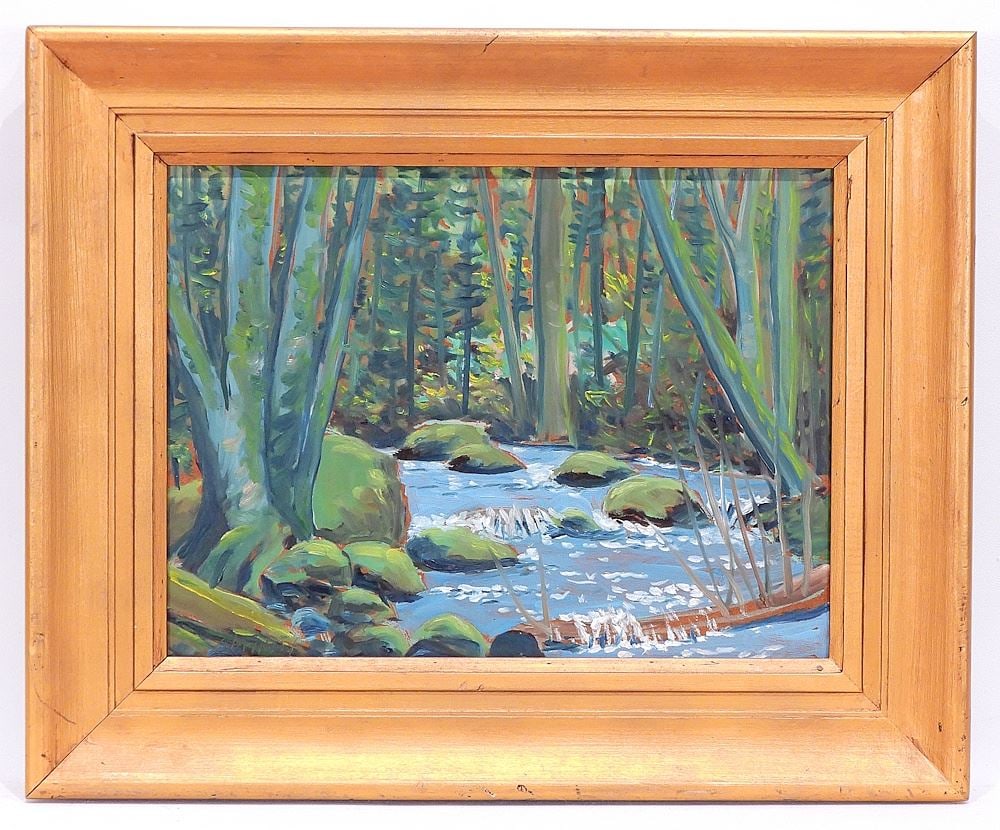 Oil on Masonite signed C. (Charles) A. Finley, 12 x 16", "Shawnigan Creek".: Oil on Masonite signed C. (Charles) A. Finley, 12 x 16", "Shawnigan Creek".