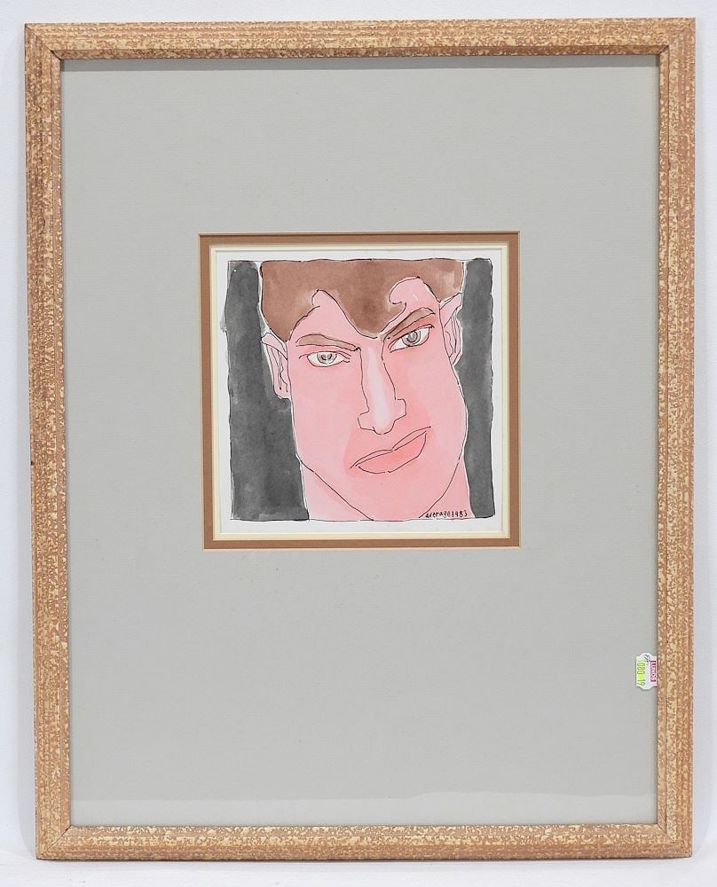 Drawing with Watercolour signed (Joe) Average 1983, 6 1/4 x 6 1/2", "Portrait of a Young Man".: Drawing with Watercolour signed (Joe) Average 1983, 6 1/4 x 6 1/2", "Portrait of a Young Man".