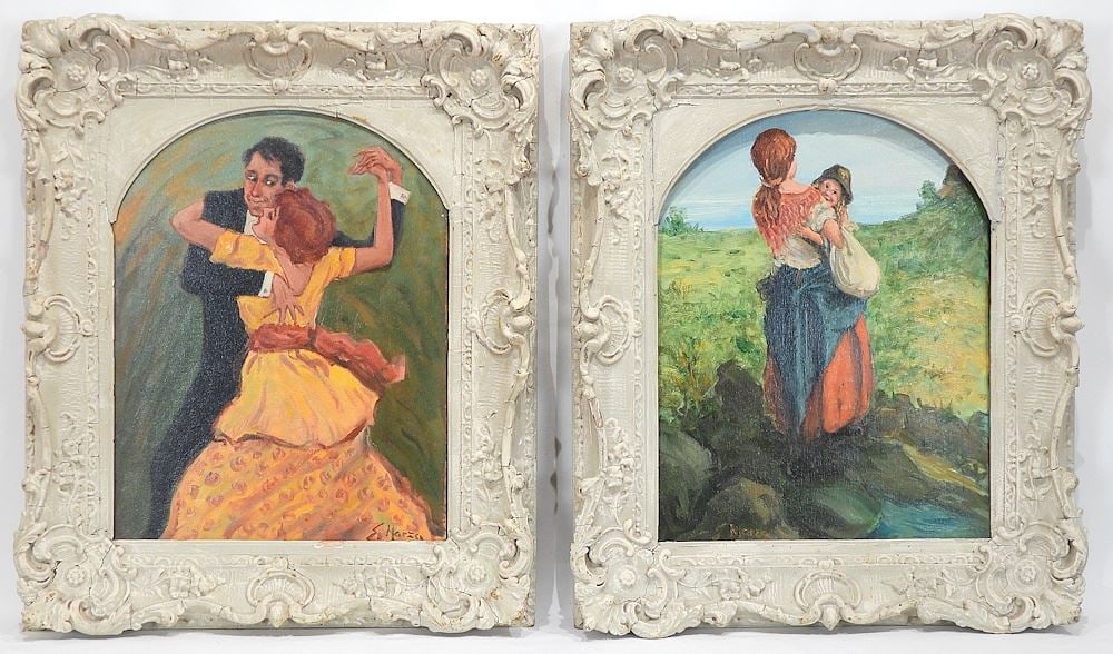 Pair of Oil on Canvas signed E. (Ernest) Marza, Larger 20 x 14" "Dancers" & "Mother &...". (1 of 8)