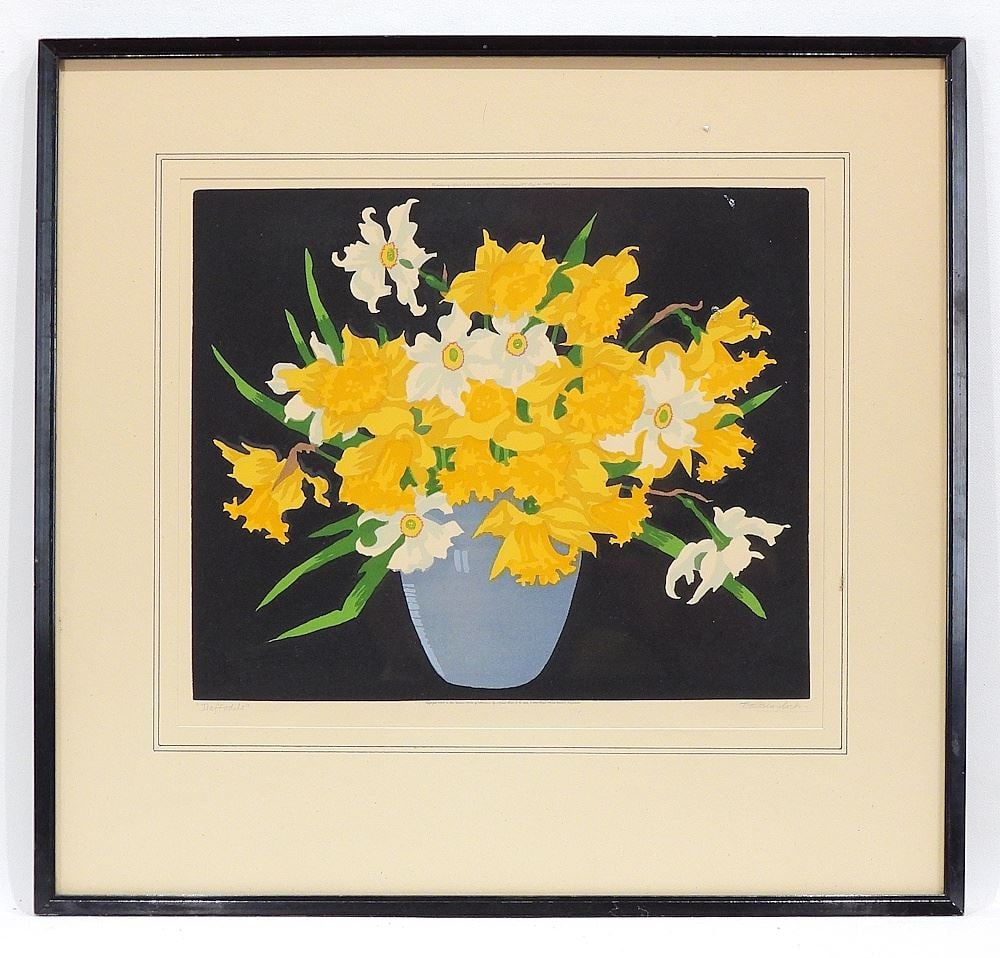 Colour Woodcut signed T.T. Blaylock, 10 5/8 x 12 1/2", "Daffodils" 1928.: Colour Woodcut signed T.T. Blaylock, 10 5/8 x 12 1/2", "Daffodils" 1928.