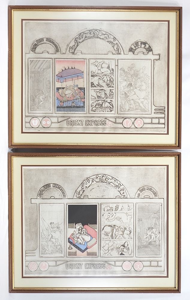 Three Colour Etchings signed (Noboru) Sawaii, 18 x 23 3/4" "Orient Express" Triptych.: Three Colour Etchings signed (Noboru) Sawaii, 18 x 23 3/4" "Orient Express" Triptych.
