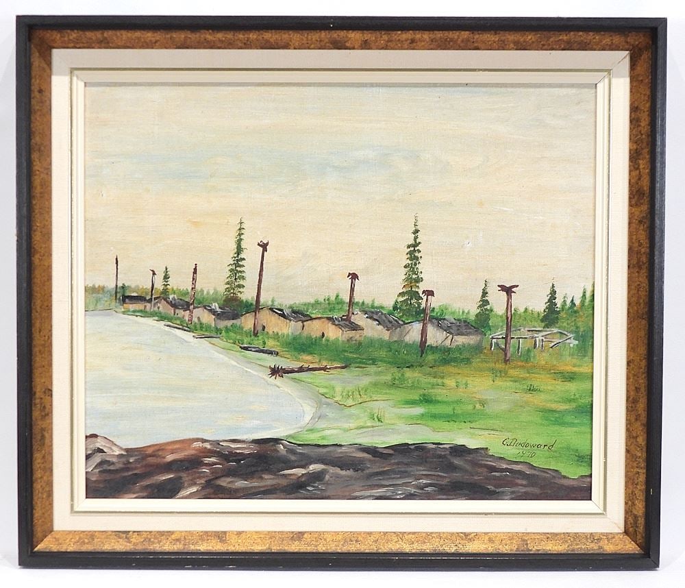 Oil on Canvas Board signed C. (Charles) Dudoward, 15 1/2 x 18 3/4" , "Deserted Indian Village (1 of 6)