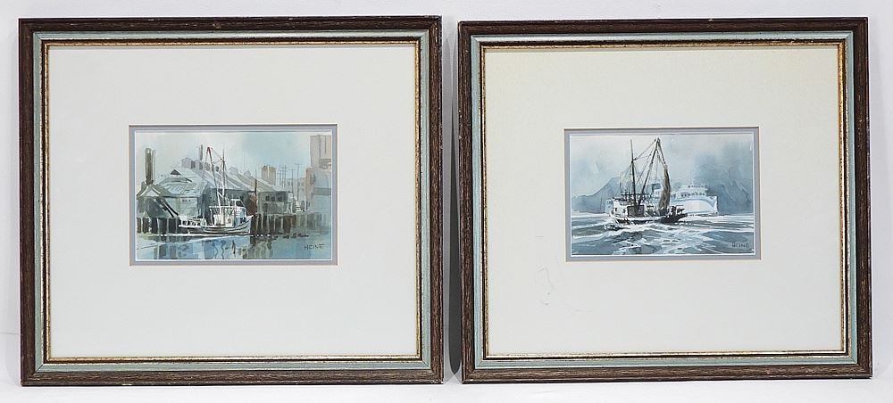 Two Watercolours signed Harry Heine, Larger 6 x 9", "Meeting The Ferry" & "Fish Buyers Shop". (1 of 6)