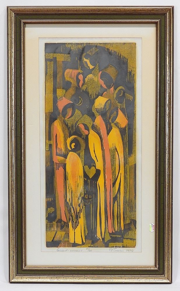 Woodblock Print signed G. Travers, 21 x 9 3/4", "Gossip" #20/20,1920. (1 of 5)