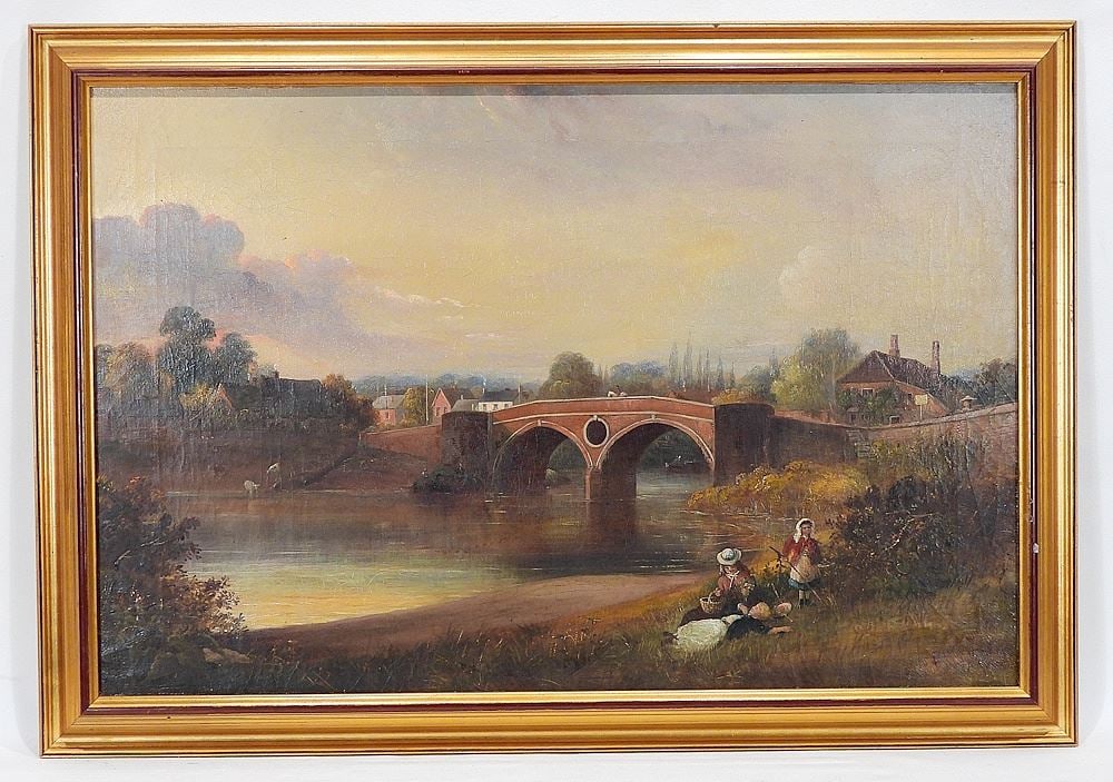Oil on Canvas signed Edward Smith, 15 1/2 x 23 1/2" "Figures Resting Near a Bridge". (1 of 14)