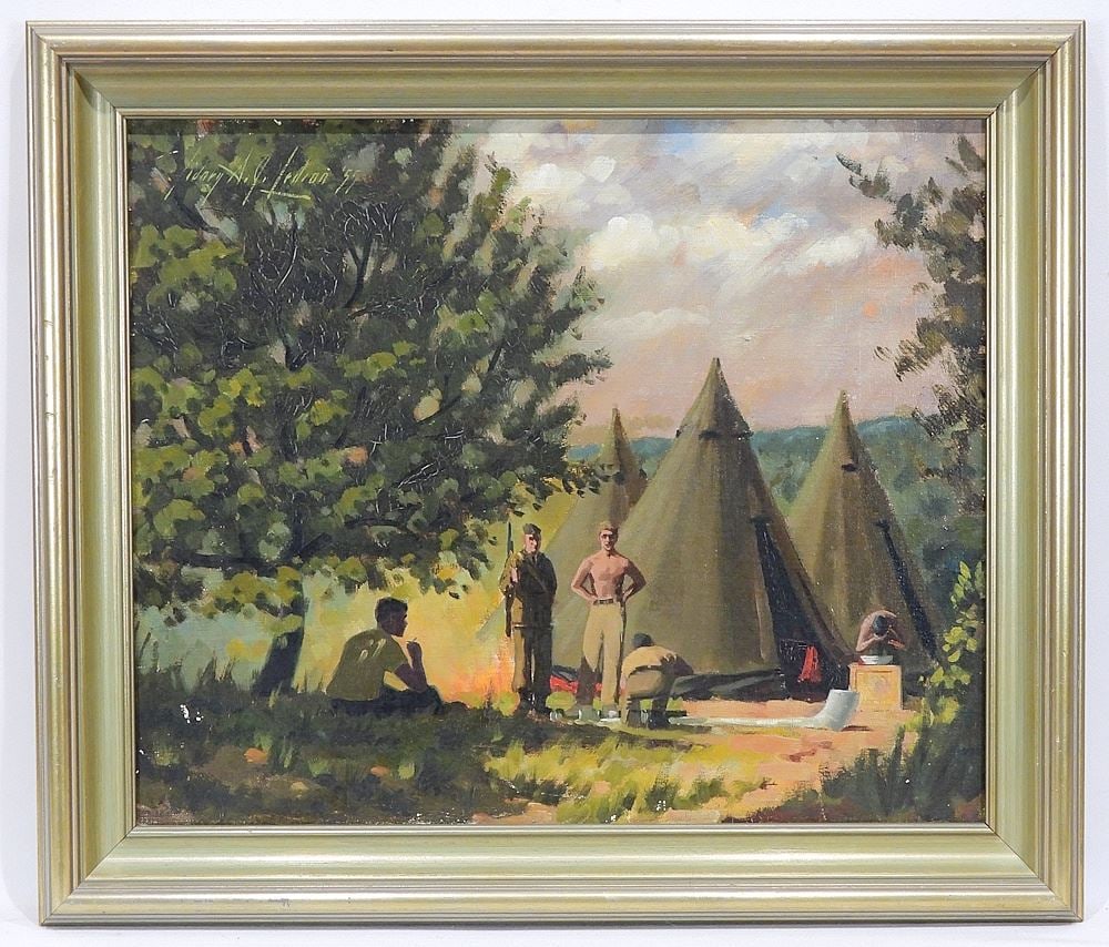 Oil on Canvas Board signed Sidney A.J. Ledson '55, 15 x 18", "Military Encampment". (1 of 4)