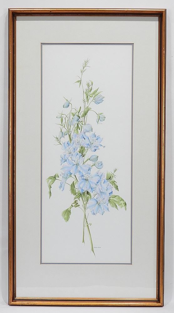 Watercolour signed Caren Heine, 24 x 9 3/4", "Delphiniums" #8130.: Watercolour signed Caren Heine, 24 x 9 3/4", "Delphiniums" #8130.