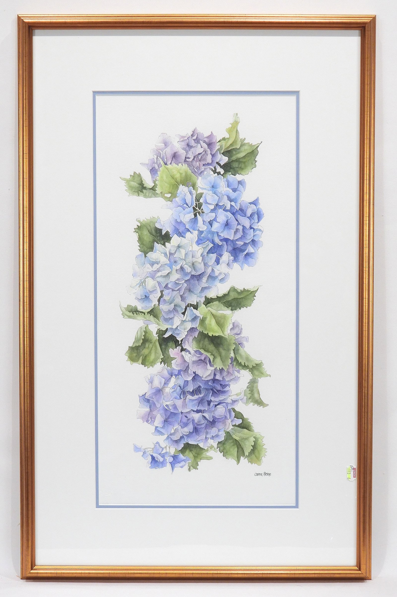Watercolour signed Caren Heine, 20 3/4 x 10", "Hydrangeas".: Watercolour signed Caren Heine, 20 3/4 x 10", "Hydrangeas".