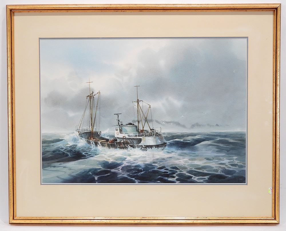 Watercolour signed Harry Heine, 19 x 26 3/4", "North Sea Trawler English Channel". (1 of 5)