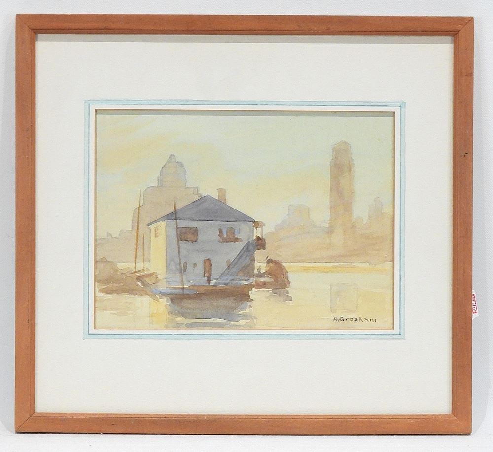 Watercolour signed A. (Arthur) Gresham, 5 3/8 x 7 1/2", "Boathouse" (1 of 3)