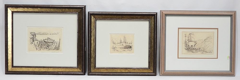 Three Etchings One signed Karl E. Wood, Largest 6 x 8", "Old Lodge" & "Elk Bellowing". (1 of 6)