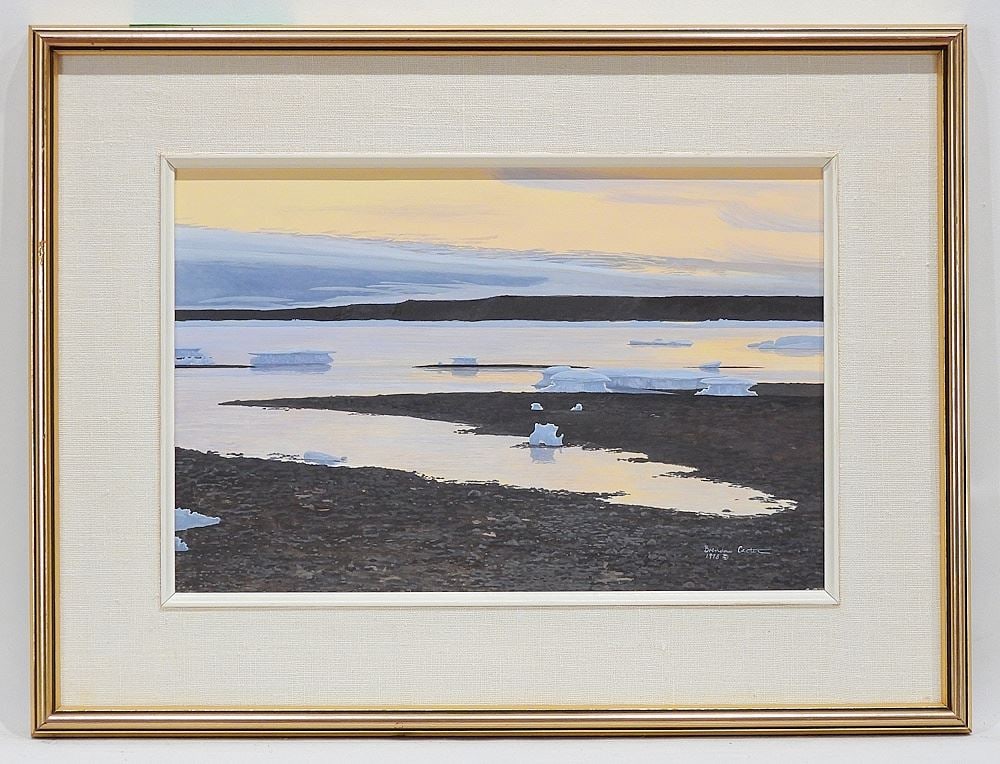 Acrylic on Board signed Brenda Carter 1978, 10 1/2 x 16", "Coastal Scene w/Ice Floes".: Acrylic on Board signed Brenda Carter 1978, 10 1/2 x 16", "Coastal Scene w/Ice Floes".