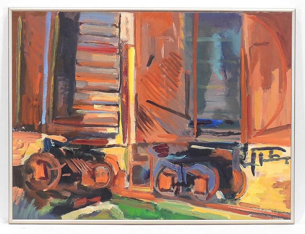 Oil on Canvas signed (James) Gordaneer '10, 17 1/2 x 23 1/2", "Box Cars".: Oil on Canvas signed (James) Gordaneer '10, 17 1/2 x 23 1/2", "Box Cars".