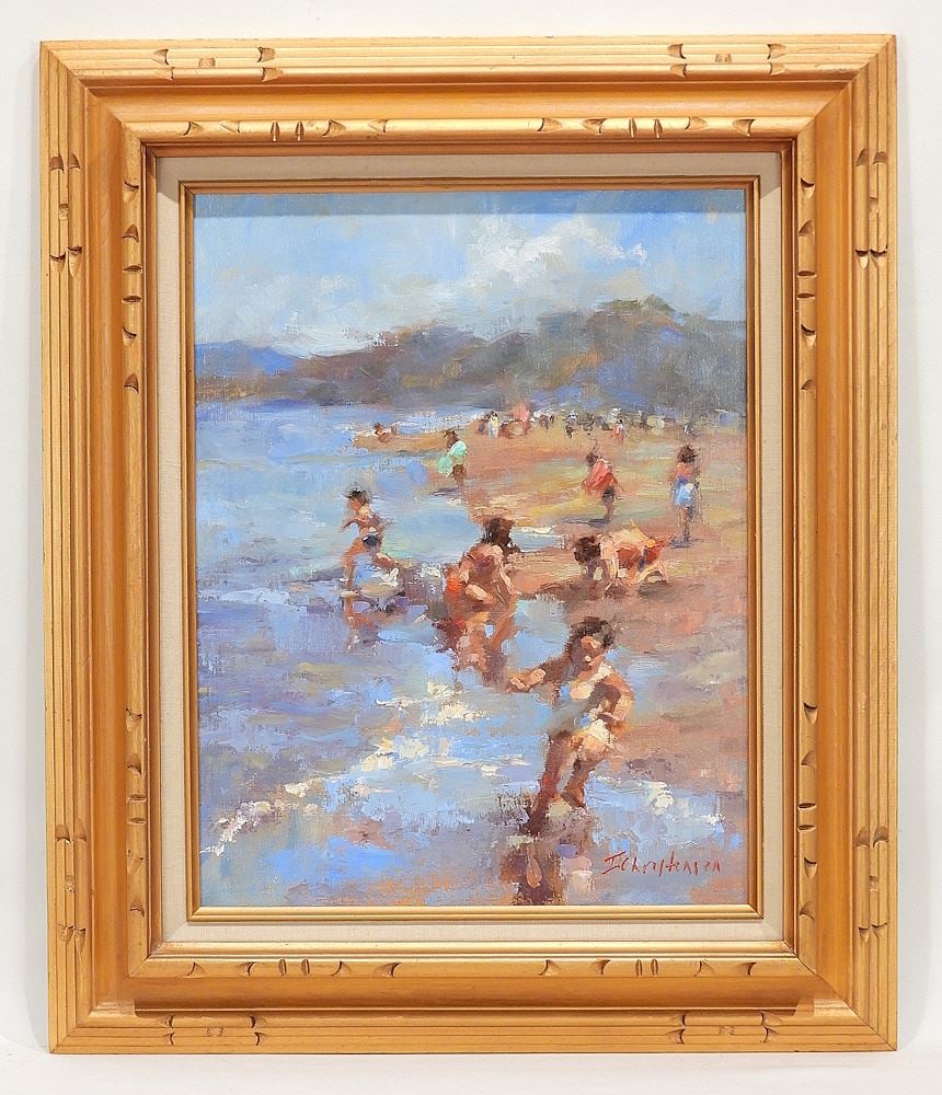 Oil on Board signed I. (Ingrid) Christensen, 18 x 14", "Busy Beach". (1 of 7)