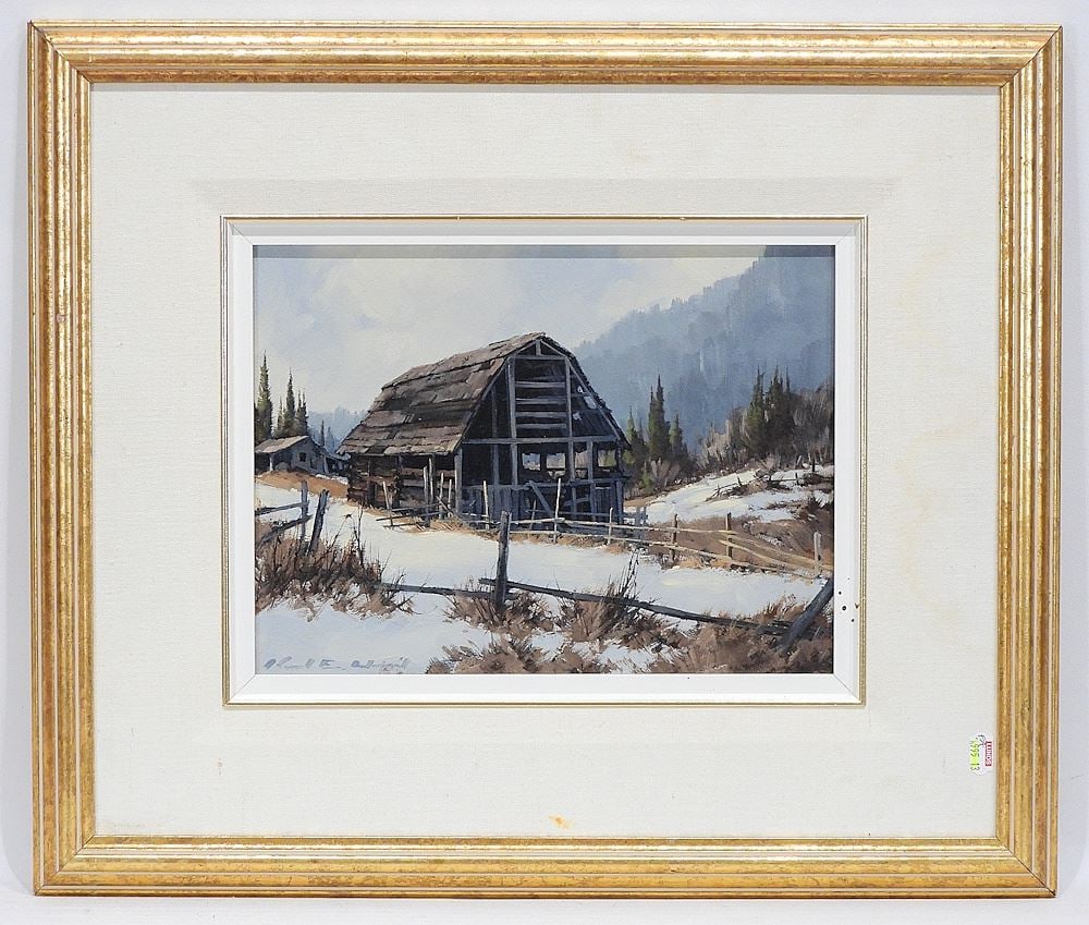 Oil on Masonite signed Karl E. Wood, 9 x 12", "Cherryville, BC".: Oil on Masonite signed Karl E. Wood, 9 x 12", "Cherryville, BC".