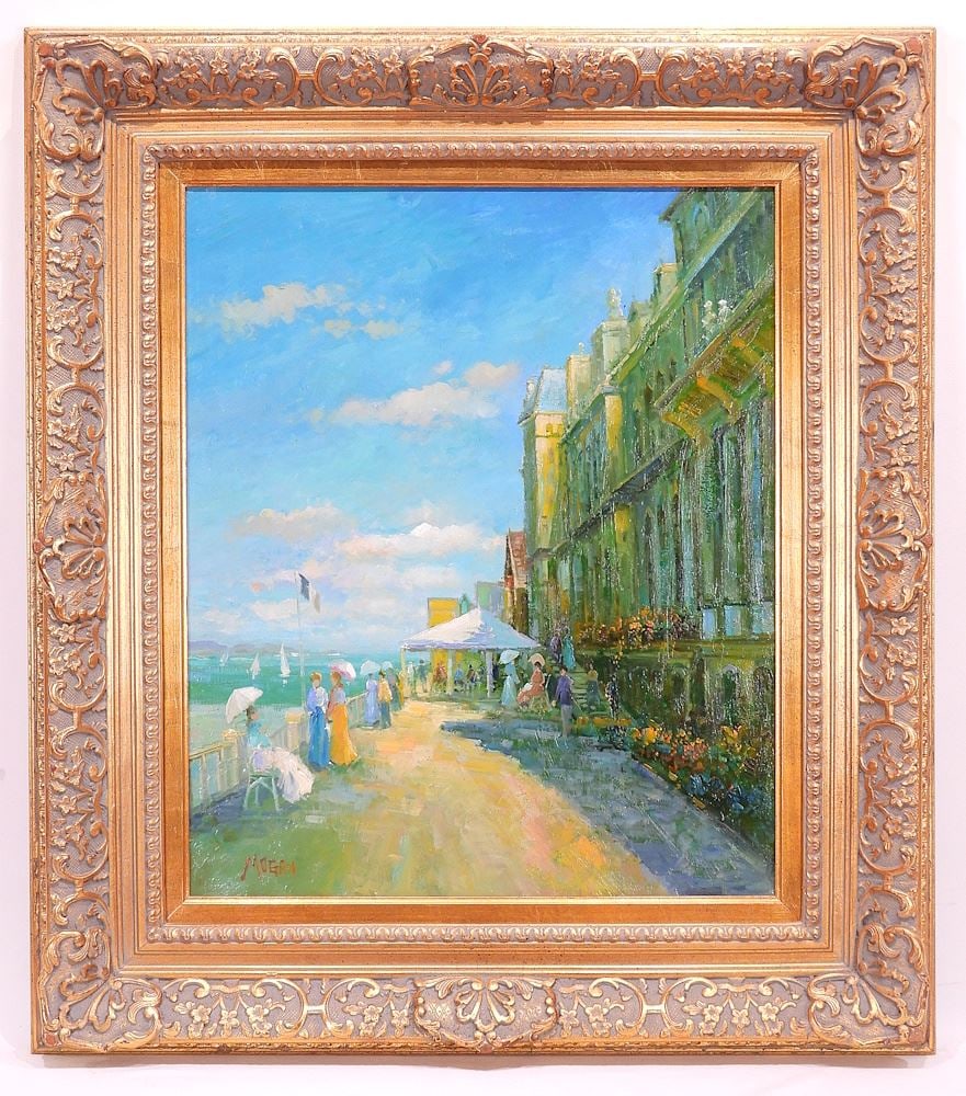 Oil on Canvas signed (John William) Mugan, 24 x 20", "Impressionist Terrace Scene".: Oil on Canvas signed (John William) Mugan, 24 x 20", "Impressionist Terrace Scene".