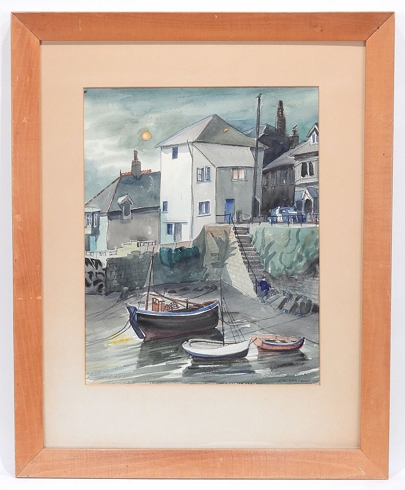 Watercolour signed J.L. (Jack Leonard) Shadbolt '45, 17 x 13 3/8", "Harbour Vista".: Watercolour signed J.L. (Jack Leonard) Shadbolt '45, 17 x 13 3/8", "Harbour Vista".