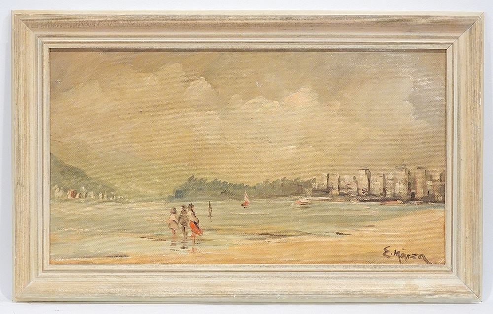 Oil on Board signed E. (Ernest) Marza, 13 x 23 1/2", "Coastal Scene w/City in Distance". (1 of 4)