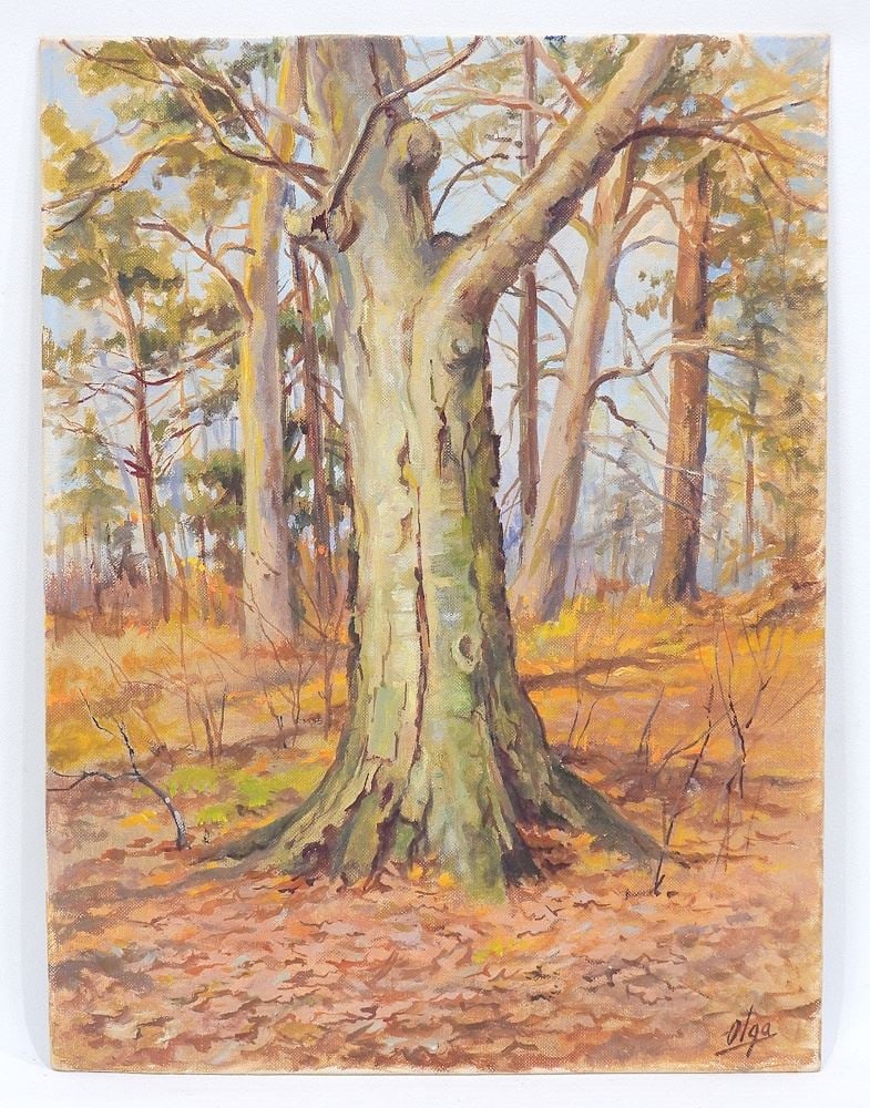 Oil on Board signed Olga (Alexandrova), 16 x 12" "Solitary Tree in Autumn" (unframed): Oil on Board signed Olga (Alexandrova), 16 x 12" "Solitary Tree in Autumn" (unframed)