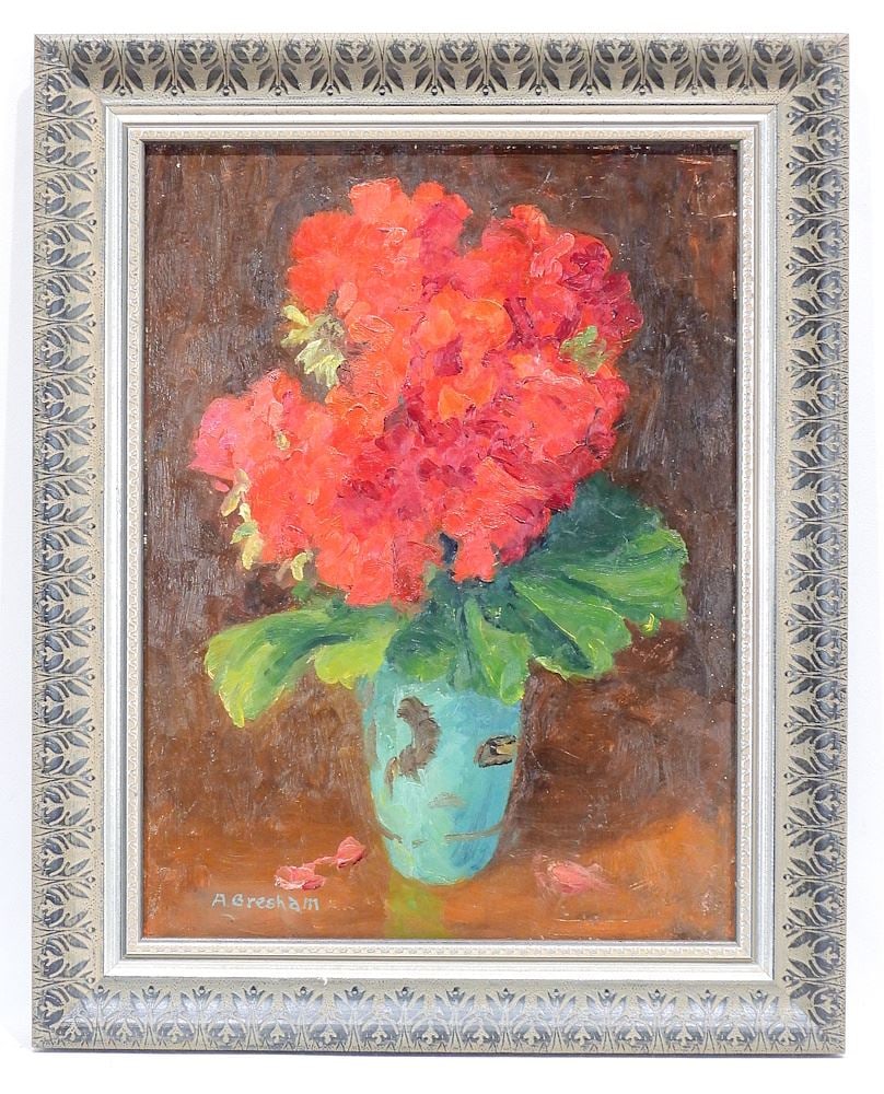 Oil on Board signed A. (Arthur) Gresham, 15 1/2 x 11 1/2", "Still Life w/ Red Flowers".: Oil on Board signed A. (Arthur) Gresham, 15 1/2 x 11 1/2", "Still Life w/ Red Flowers".