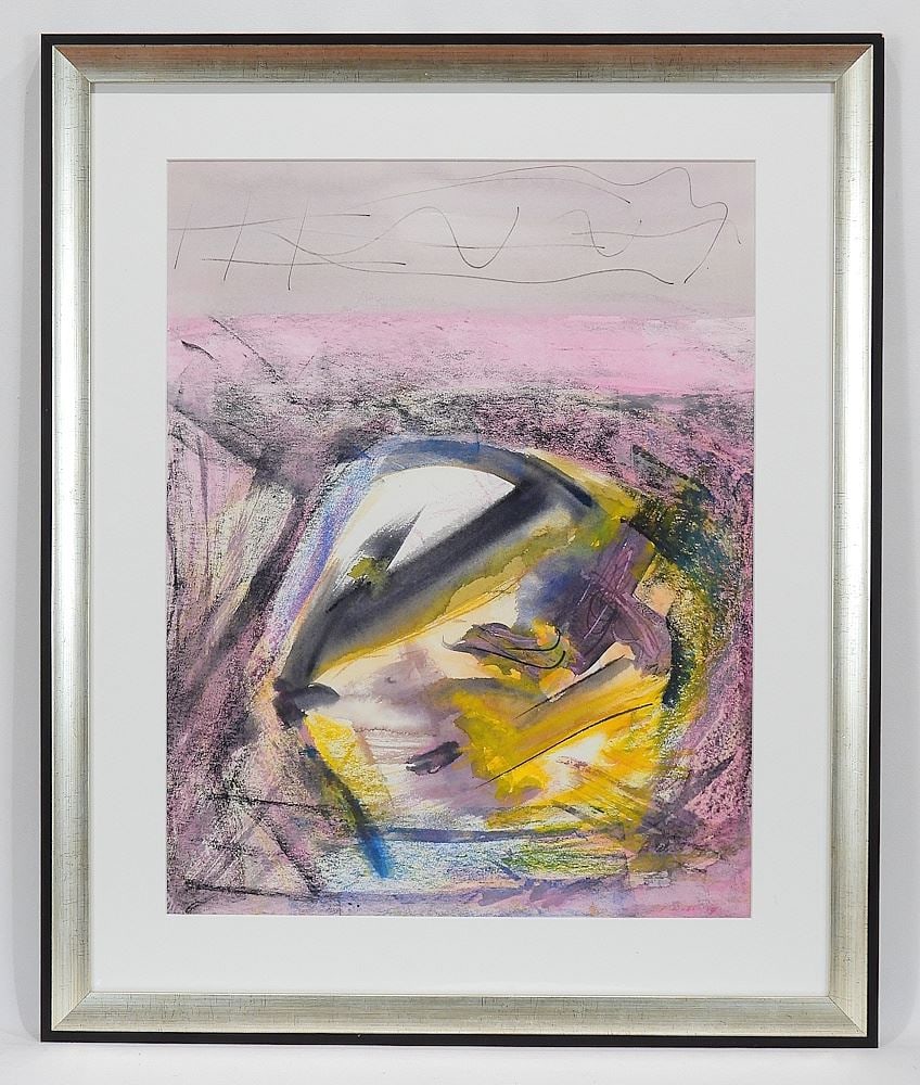 Mixed Media on Paper signed P. (Phyllis) Webb '94, 19 7/8 x 15 3/8" "Work in Pink & Yellow". (1 of 3)
