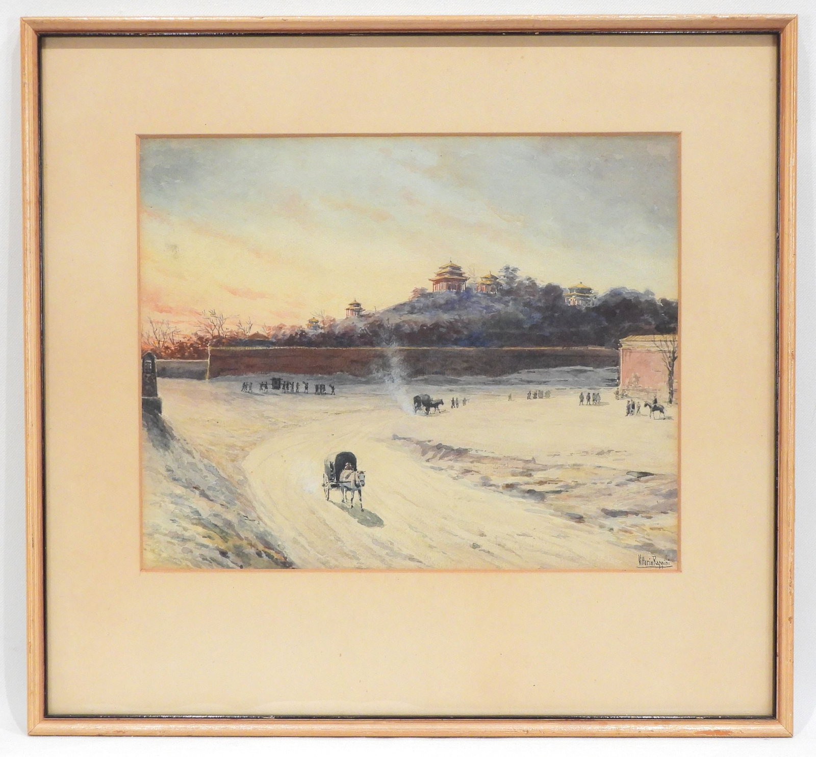 Watercolour signed Vittorio Rappini, 8 3/4 x 10 3/4" "Horse & Cart by Hilltop Pagoda". (1 of 8)